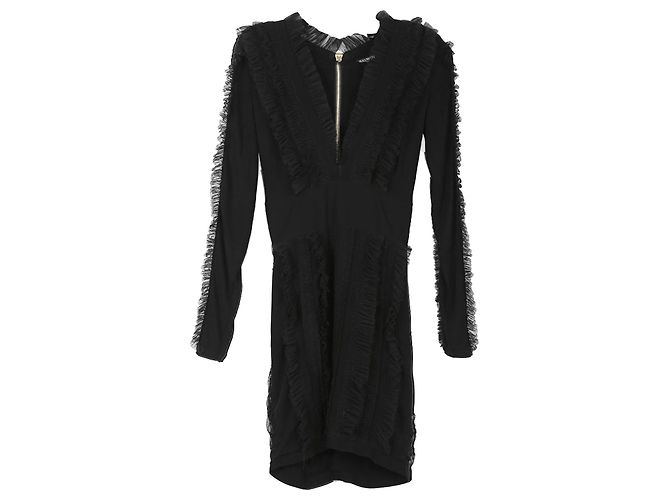 Vestido mini preto de viscose Balmain com babados de tule, decote em V e mangas longas - vista 3