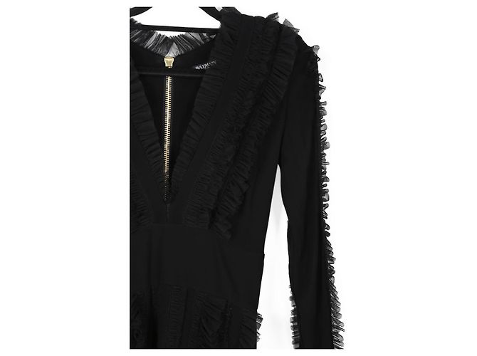 Vestido mini preto de viscose Balmain com babados de tule, decote em V e mangas longas - vista 4