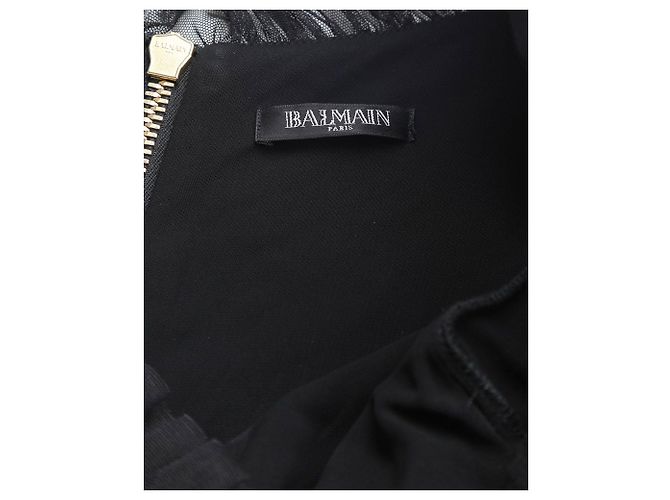 Vestido mini preto de viscose Balmain com babados de tule, decote em V e mangas longas - vista 6