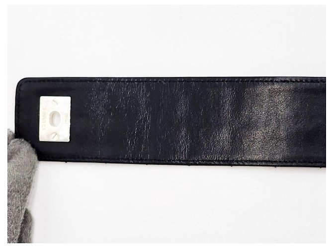 Chanel Vintage große Schokoladenriegel-Ledergürtel mit Drehverschluss und silberner Hardware Schwarz - Ansicht 12