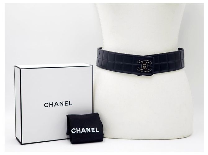 Chanel Vintage große Schokoladenriegel-Ledergürtel mit Drehverschluss und silberner Hardware Schwarz - Ansicht 3