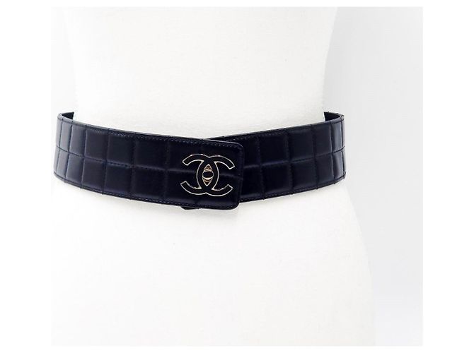 Chanel Vintage große Schokoladenriegel-Ledergürtel mit Drehverschluss und silberner Hardware Schwarz - Ansicht 4