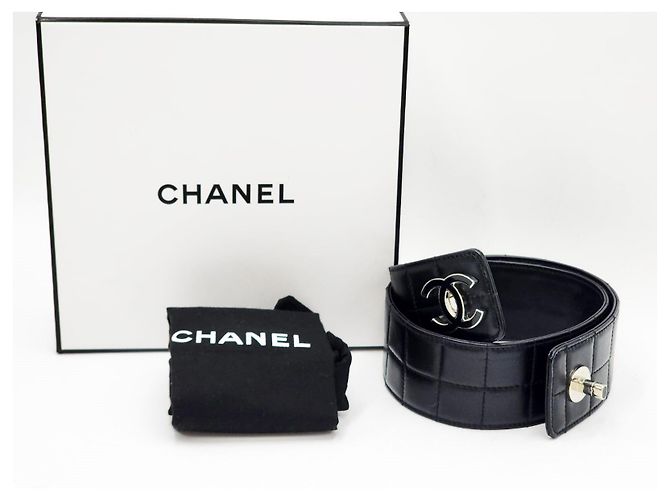 Chanel Vintage große Schokoladenriegel-Ledergürtel mit Drehverschluss und silberner Hardware Schwarz - Ansicht 8