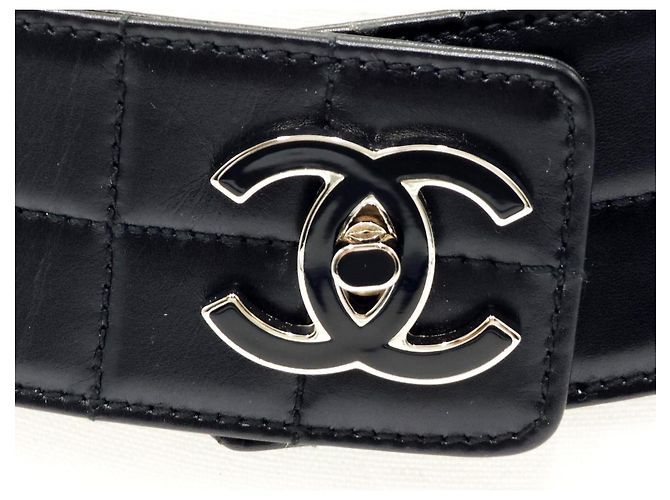 Chanel Vintage große Schokoladenriegel-Ledergürtel mit Drehverschluss und silberner Hardware Schwarz - Ansicht 9