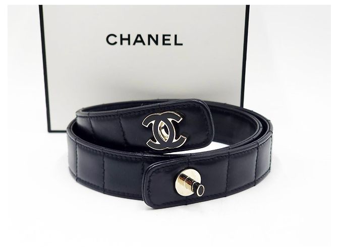 Chanel Vintage Chocolate Bar Turnlock Leather Belt Silver Hardware Black - view 10