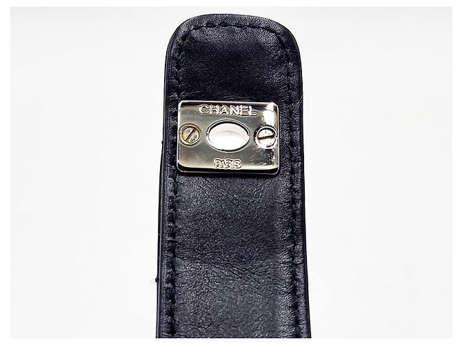 Chanel Vintage Chocolate Bar Turnlock Leather Belt Silver Hardware Black - view 12