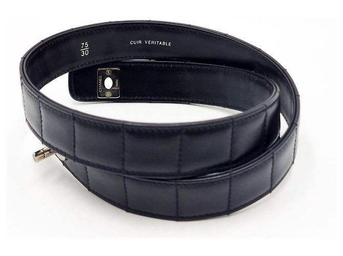 Chanel Vintage Chocolate Bar Turnlock Leather Belt Silver Hardware Black - view 14