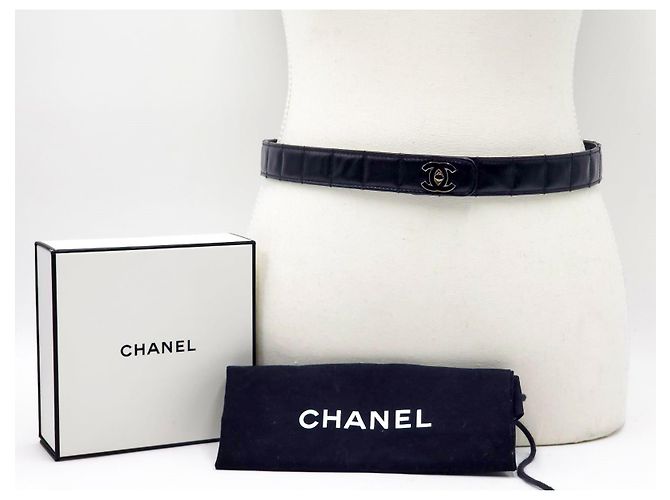 Chanel Vintage Chocolate Bar Turnlock Leather Belt Silver Hardware Black - view 4
