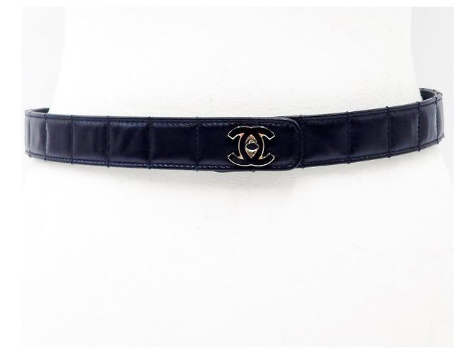 Chanel Vintage Chocolate Bar Turnlock Leather Belt Silver Hardware Black - view 5