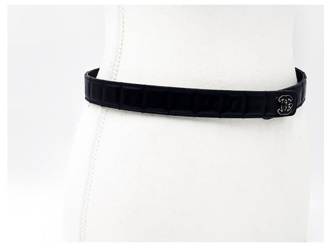 Chanel Vintage Chocolate Bar Turnlock Leather Belt Silver Hardware Black - view 6