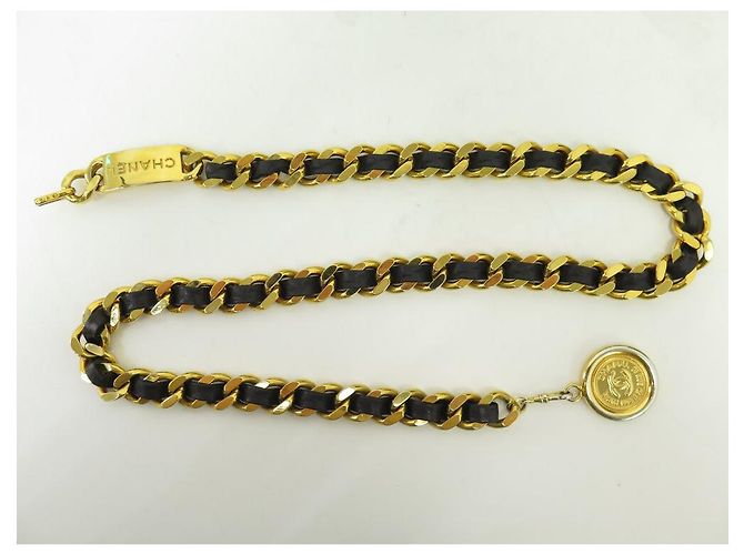 VINTAGE CHANEL GÜRTEL 1994 KETTENMEDAILLON LOGO & VERFLECHTETER LEDERGÜRTEL Golden - Ansicht 2