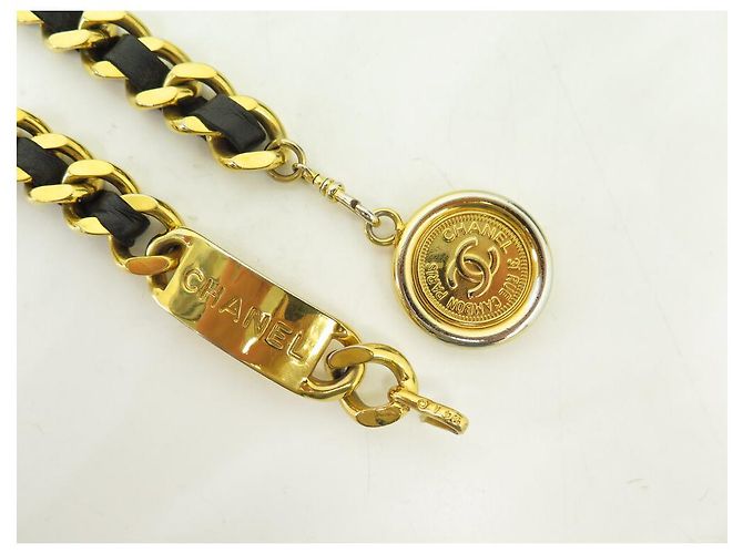 VINTAGE CHANEL GÜRTEL 1994 KETTENMEDAILLON LOGO & VERFLECHTETER LEDERGÜRTEL Golden - Ansicht 3