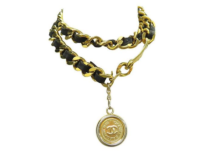 VINTAGE CHANEL GÜRTEL 1994 KETTENMEDAILLON LOGO & VERFLECHTETER LEDERGÜRTEL Golden - Ansicht 7