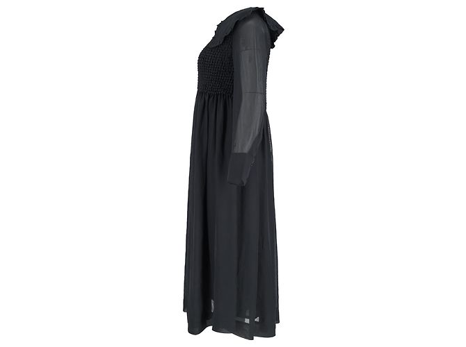 Ganni Midikleid mit langen Ärmeln aus schwarzem Polyester und gerafftem Oberteil - Ansicht 2
