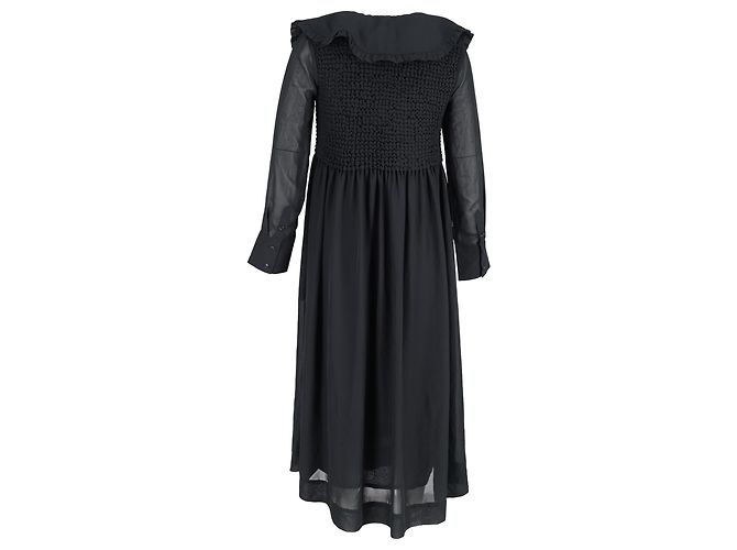Ganni Midikleid mit langen Ärmeln aus schwarzem Polyester und gerafftem Oberteil - Ansicht 3