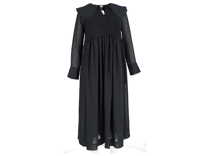 Ganni Midikleid mit langen Ärmeln aus schwarzem Polyester und gerafftem Oberteil - Ansicht 4