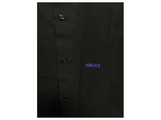 Camicia Versace in cotone a maniche corte nera logo blu Nero - vista 2
