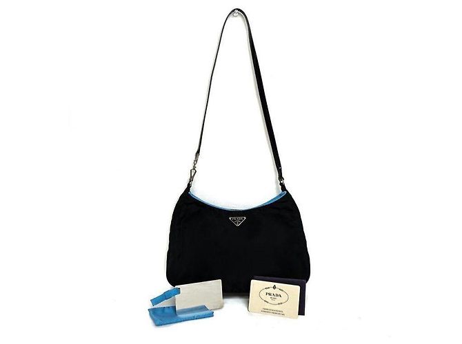 Borsa Prada Cleo in nylon nero e pelle verniciata blu - vista 2