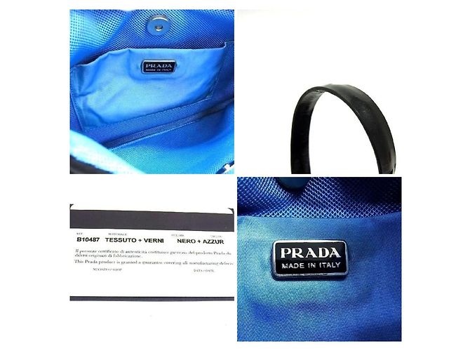 Borsa Prada Cleo in nylon nero e pelle verniciata blu - vista 6