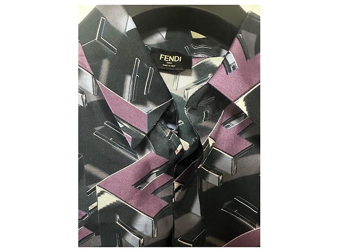 Camicia Fendi in seta stampa FF Block blu viola multicolore Porpora - vista 3