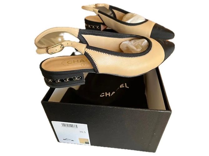 Chanel Slingback Tacón Pequeño Negro Beige Cuero y Tela 39.5 - vista 2