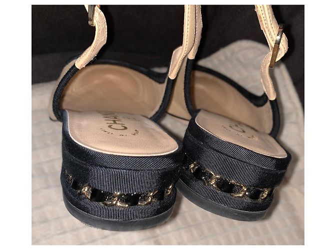 Chanel Slingback Tacón Pequeño Negro Beige Cuero y Tela 39.5 - vista 3