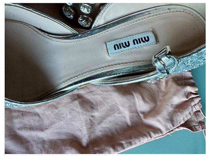 Sandali con tacco Miu Miu Argentati con Glitter e Strass Argento - vista 3