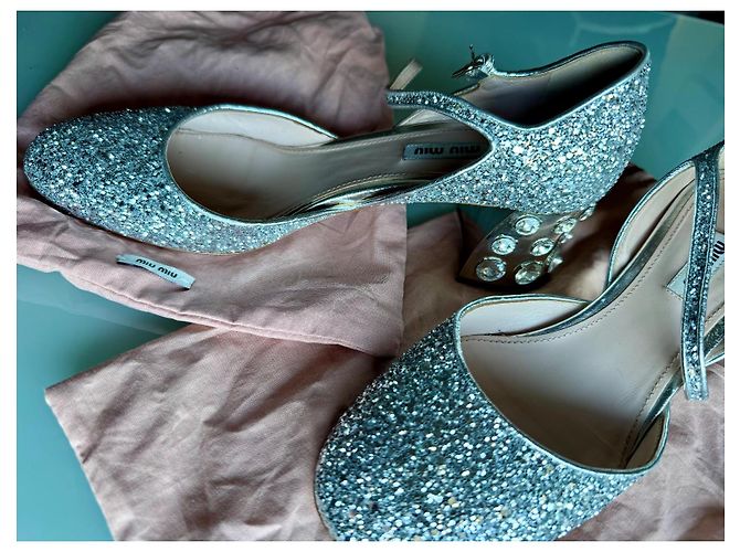 Sandali con tacco Miu Miu Argentati con Glitter e Strass Argento - vista 4
