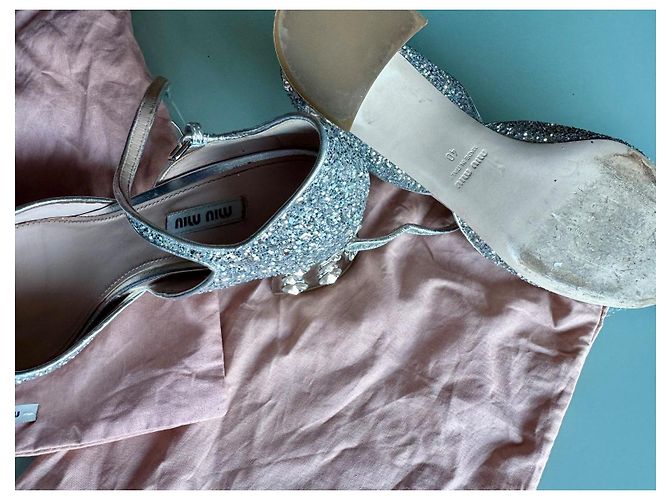 Sandali con tacco Miu Miu Argentati con Glitter e Strass Argento - vista 5