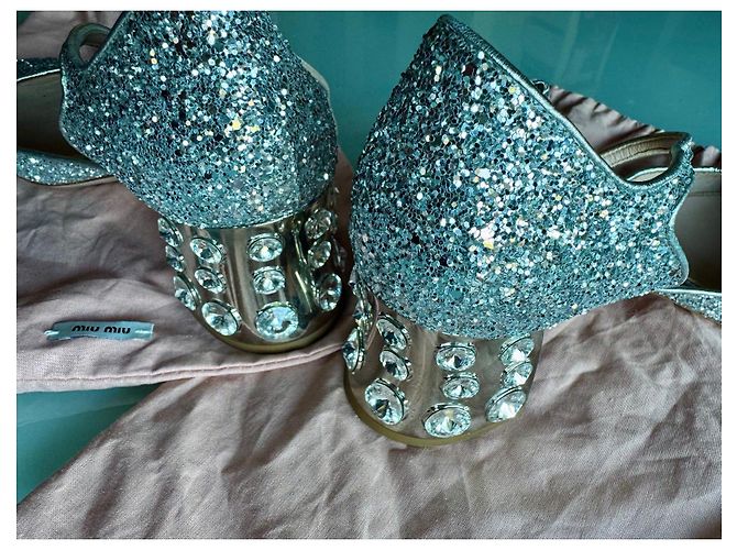 Sandali con tacco Miu Miu Argentati con Glitter e Strass Argento - vista 6