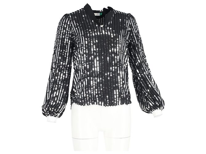 Autre Marque Rixo Moss Stripe Peasant Blouse in Black Sequins - view 4