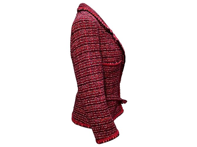 Timeless Chanel strukturierte Jacke mit Gürtel aus roter Wolle Bordeaux - Ansicht 2