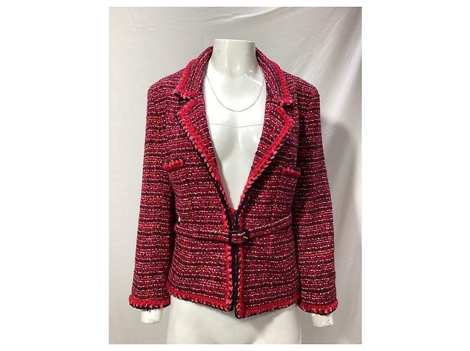 Timeless Chanel strukturierte Jacke mit Gürtel aus roter Wolle Bordeaux - Ansicht 7