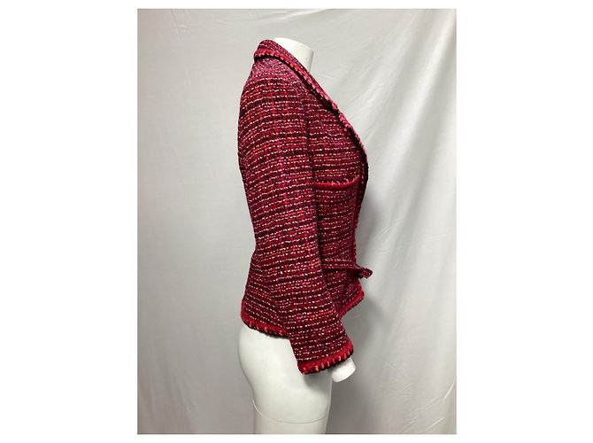 Timeless Chanel strukturierte Jacke mit Gürtel aus roter Wolle Bordeaux - Ansicht 8