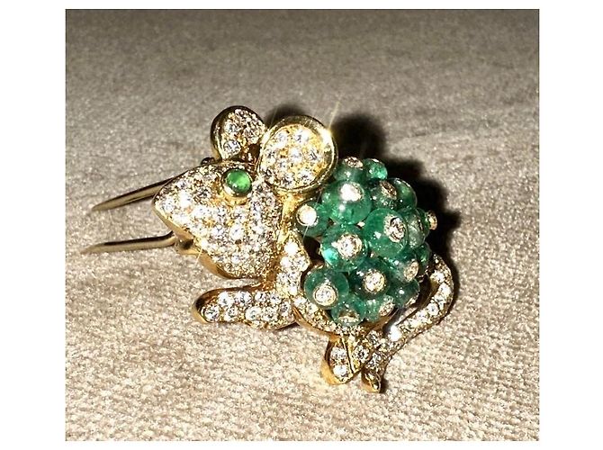 Autre Marque Spilla Topo Giovane in Oro 18K con Smeraldi e Diamanti Verde - vista 2