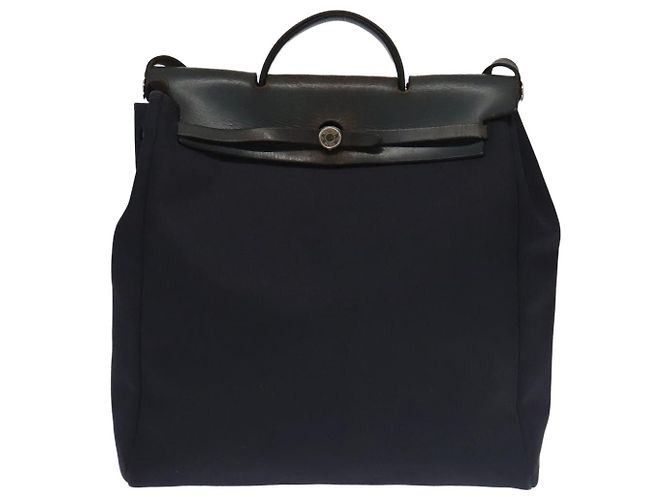 Hermès HERMES Herbag MM Borsa a Mano Tela Pelle Blu Navy Argento Auth 101293 - vista 13