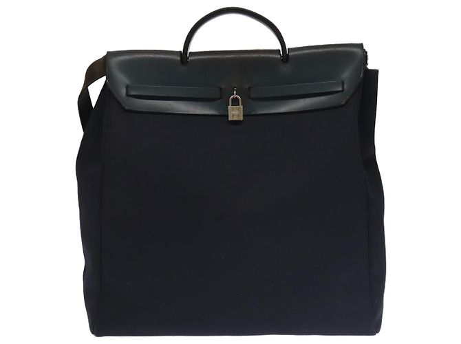 Hermès HERMES Herbag MM Borsa a Mano Tela Pelle Blu Navy Argento Auth 101293 - vista 2