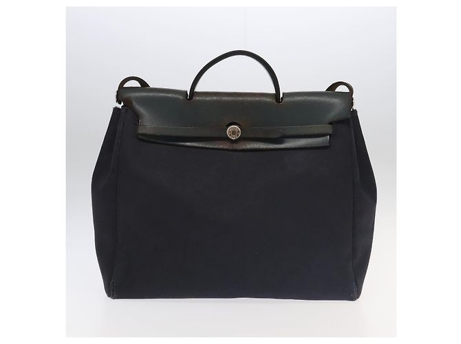 Hermès HERMES Herbag MM Borsa a Mano Tela Pelle Blu Navy Argento Auth 101293 - vista 26