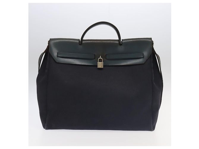 Hermès HERMES Herbag MM Borsa a Mano Tela Pelle Blu Navy Argento Auth 101293 - vista 27
