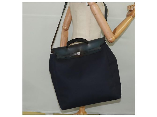 Hermès HERMES Herbag MM Borsa a Mano Tela Pelle Blu Navy Argento Auth 101293 - vista 39