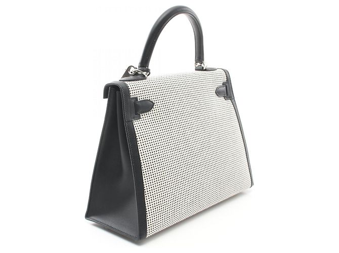 Hermès Sac à main Hermes Kelly 28 Toile Quadrille Blanc - vue 2