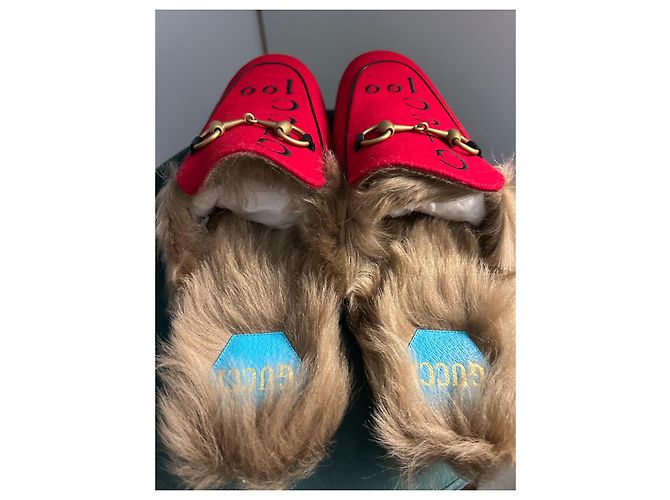 Mocassini Princetown Gucci Rossi in Pelle e Lana Rosso - vista 11