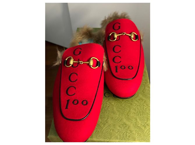 Mocassini Princetown Gucci Rossi in Pelle e Lana Rosso - vista 12