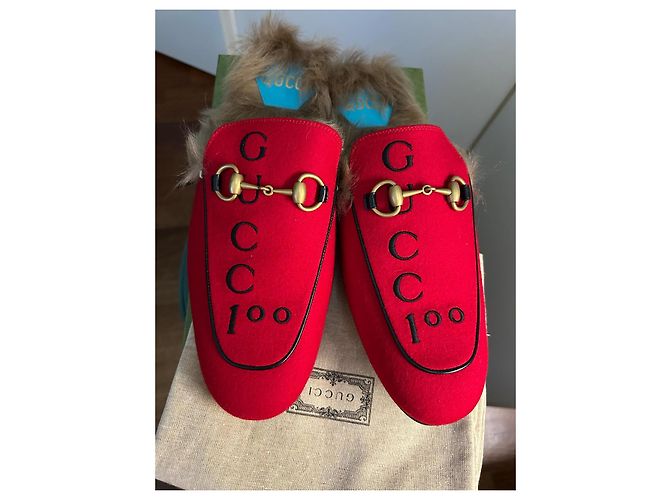 Mocassini Princetown Gucci Rossi in Pelle e Lana Rosso - vista 15