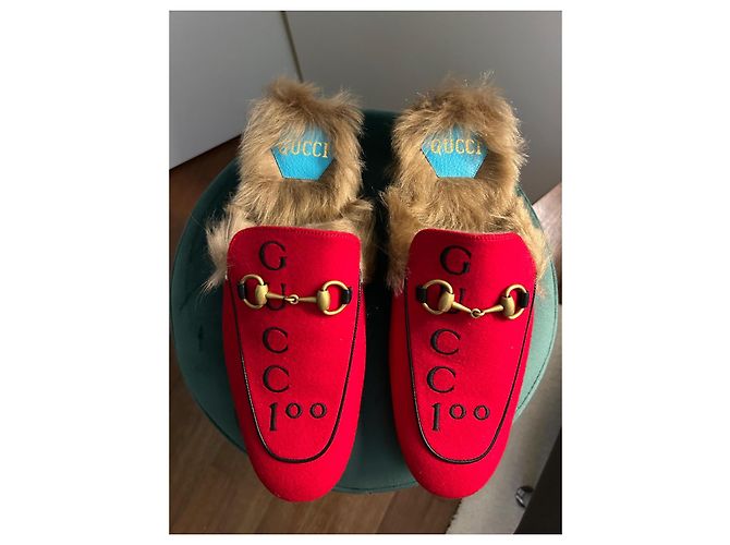 Mocassini Princetown Gucci Rossi in Pelle e Lana Rosso - vista 2