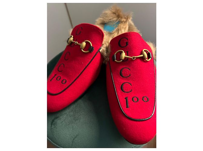 Mocassini Princetown Gucci Rossi in Pelle e Lana Rosso - vista 3
