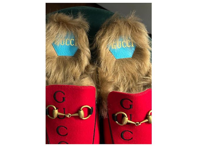 Mocassini Princetown Gucci Rossi in Pelle e Lana Rosso - vista 4
