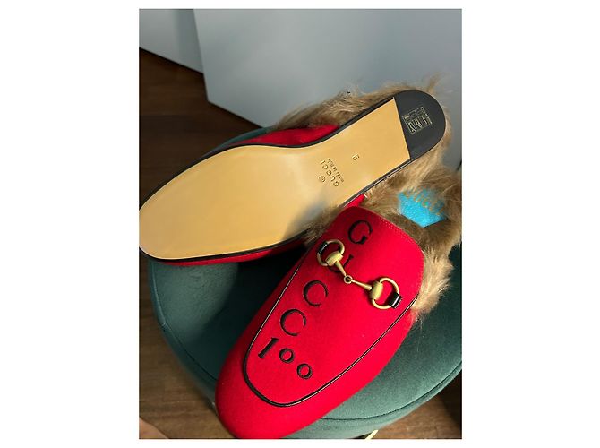 Mocassini Princetown Gucci Rossi in Pelle e Lana Rosso - vista 5