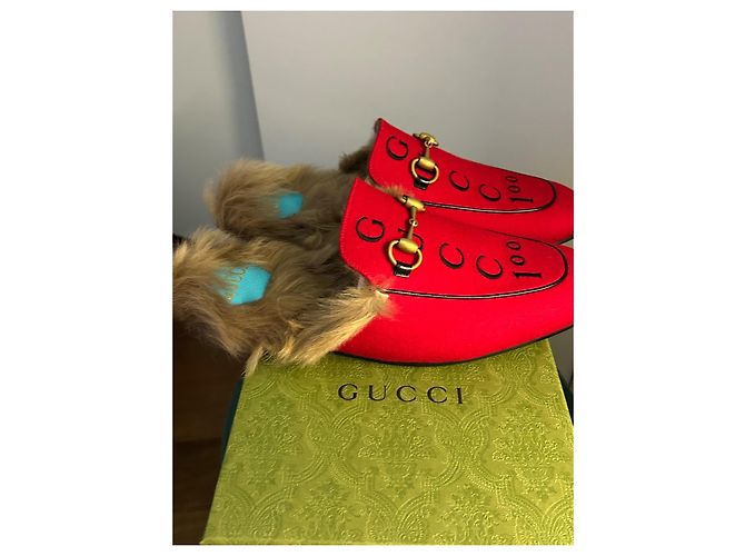 Mocassini Princetown Gucci Rossi in Pelle e Lana Rosso - vista 7