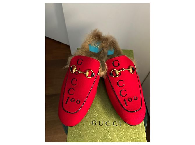 Mocassini Princetown Gucci Rossi in Pelle e Lana Rosso - vista 9